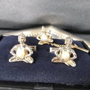 Buddha with Faux Pearl Cuff Links and Tie Clip